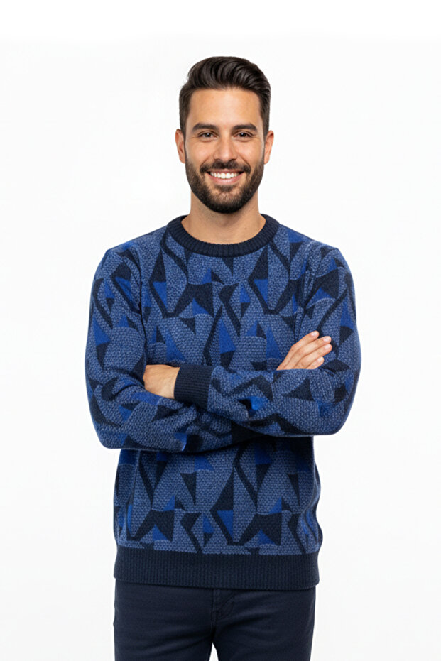 سترة منقوشة برقبة دائرية للرجال - 1