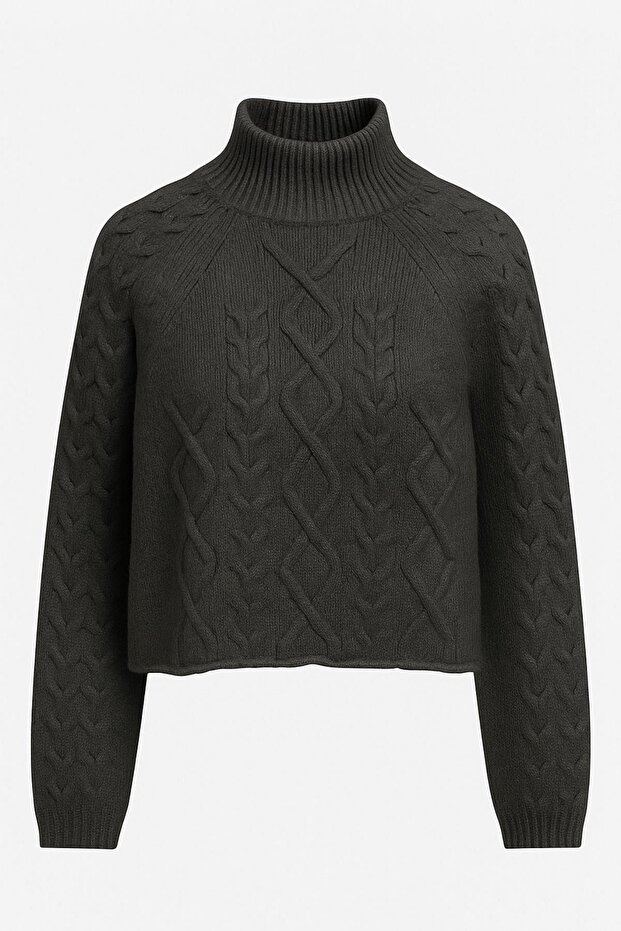 6855 Women's Mock Neck Braided Knitwear Sweater Anthracite