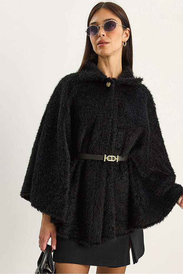 Women's Black Single Button Belted Bearded Soft Poncho 60282034