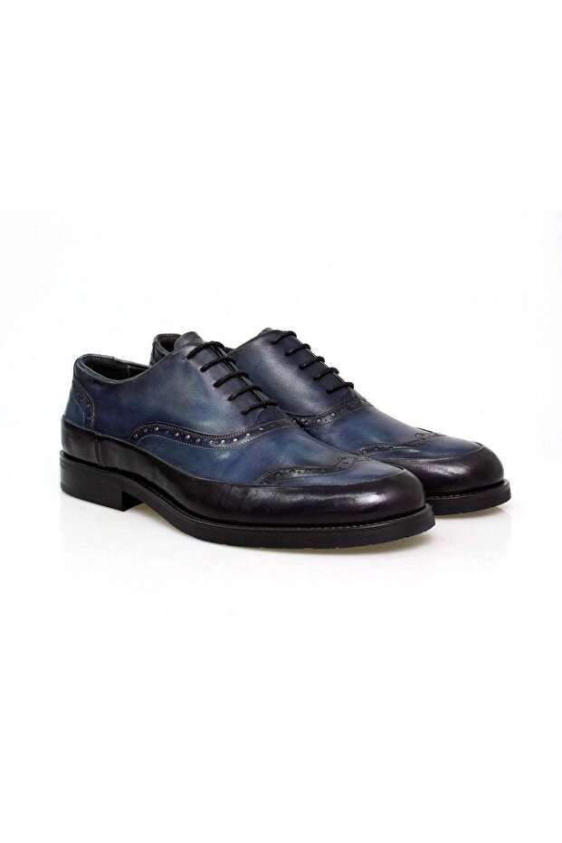 Dark Blue Color Lace-Up Genuine Leather Men's Shoes
