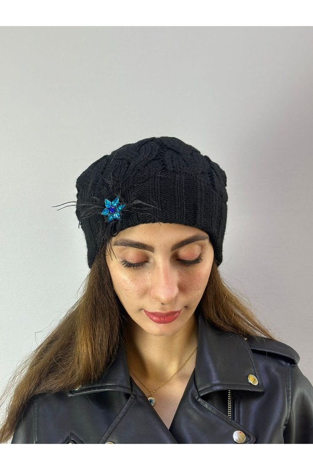 Hand Knitted Black Tuglu Floral Women's Beanie