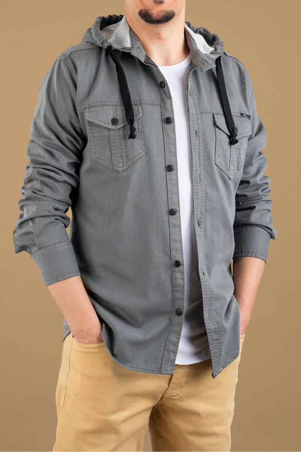 Men's Slim Fit Hooded Denim Shirt Gray