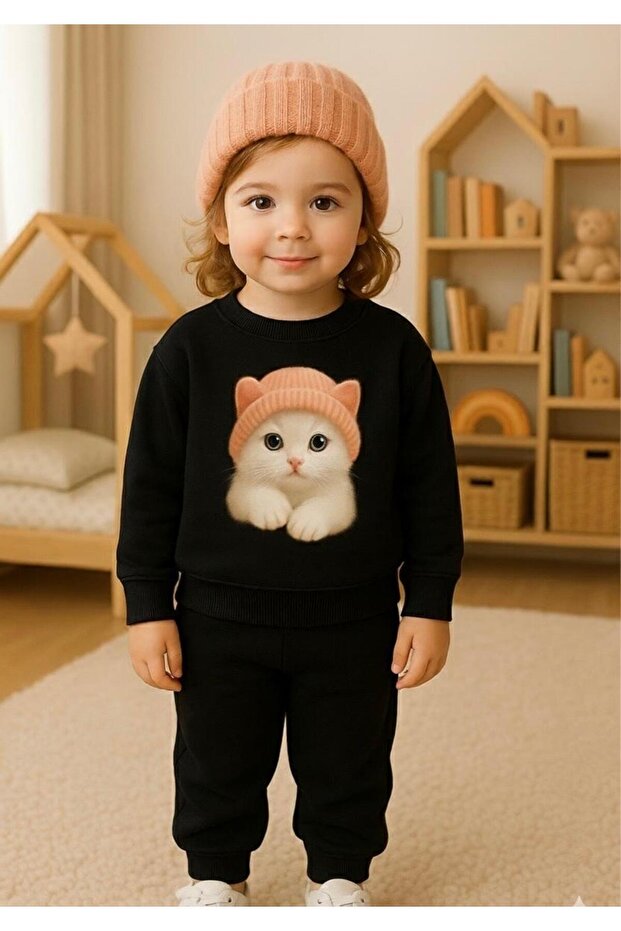 Tracksuit Set with Bereted Cat Pattern for Ages 3-4-5-6-7-8-9-10-11-12