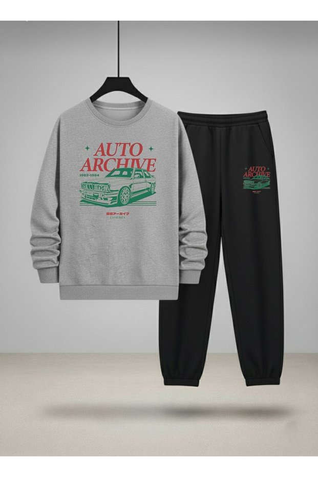 Boy's Crew Neck Sweatshirt and Sweatpants Set Auto Archive Printed 3 Thread Raised Lettering