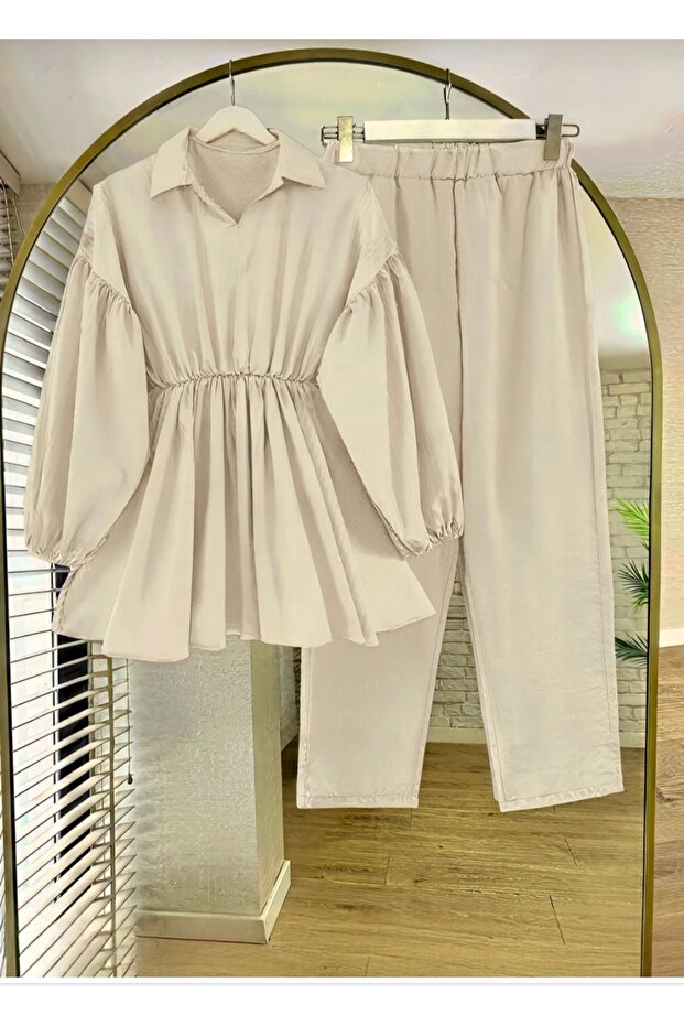 Liana Waist Elastic Shirt Collar Hijab Bottom Top Set