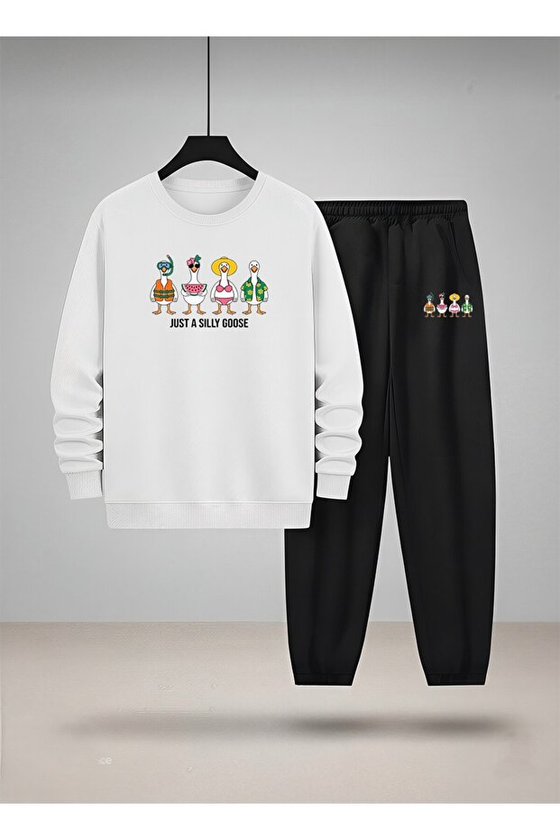 Children's Crew Neck Sweatshirt and Tracksuit Set Duck Family Ba Printed Threaded Ribbed