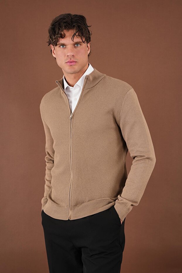 Honeycomb Textured Mock Neck Zippered Knitwear Cardigan