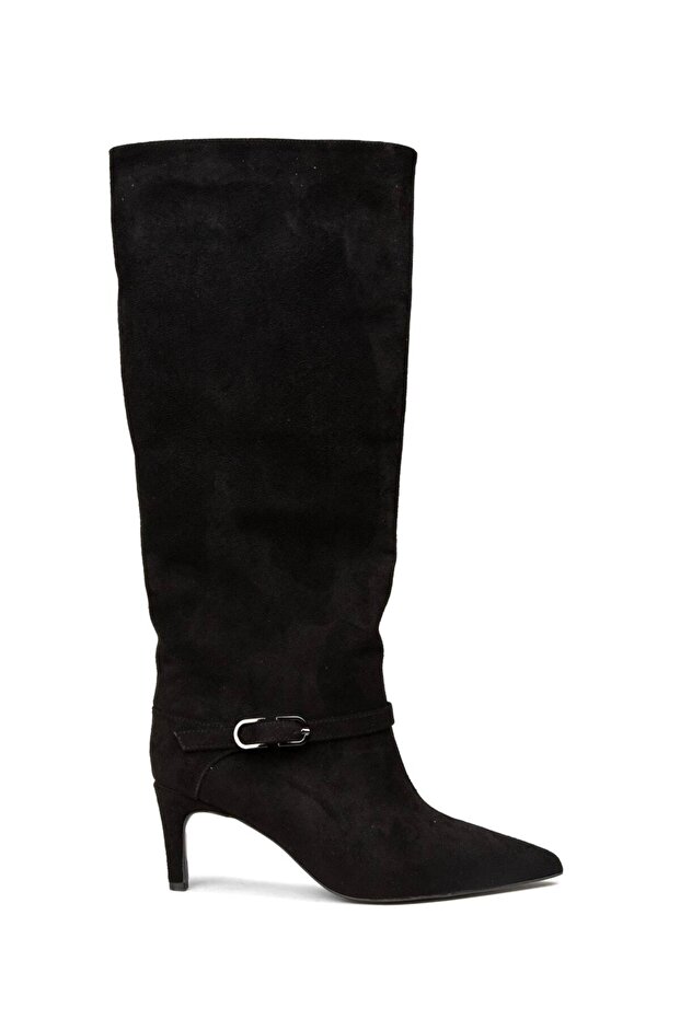 Women's Heeled Boots with Side Buckle Detail Black