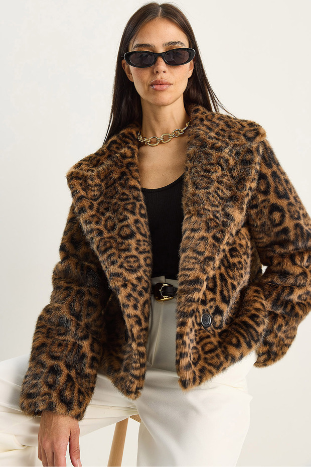 Women's Brown Leopard Patterned Pocket Detailed Lined Faux Fur 6962 60283772