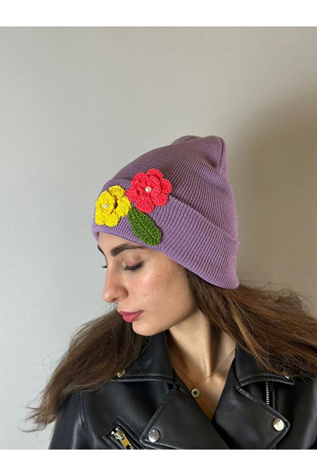 Hand Knitted Floral Embroidered Women's Beanie