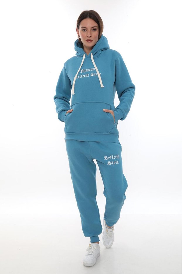 Women's Light Blue Hooded Kangaroo Pocket Fleece-Lined 3 Thread Winter Casual Tracksuit Set with Fleece Inside