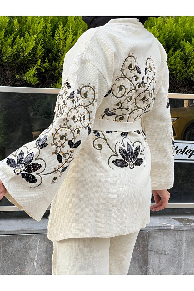 Nakışlı Pullu Triko Kimono Takım - 3