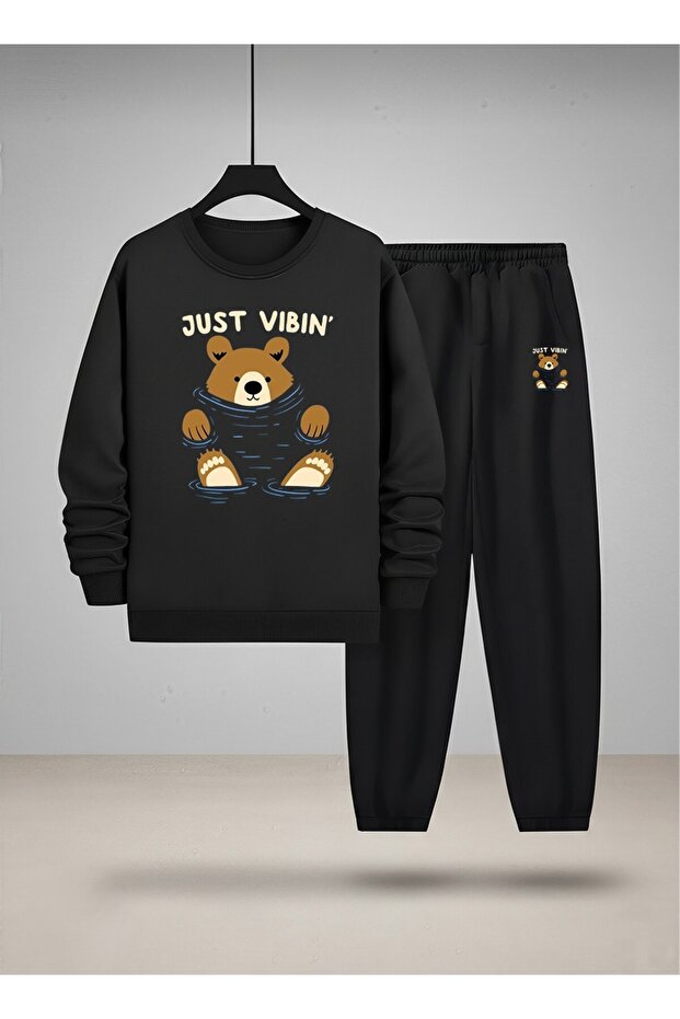 Crew Neck Children's Suit Sweatshirt and Sweatpants Just Vibin Printed 3 Thread Raised