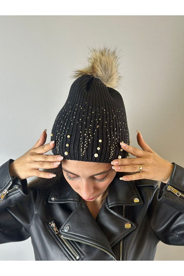 Stone Bead Embroidered Pompom Women's Beret