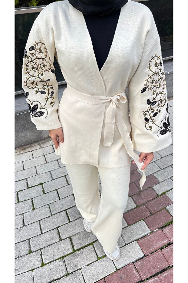 Nakışlı Pullu Triko Kimono Takım - 8