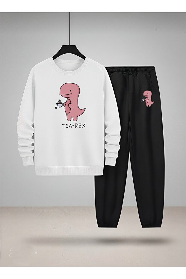 Children's Crew Neck Sweatshirt and Sweatpants Set Tea-Rex Printed 3 Thread Raised
