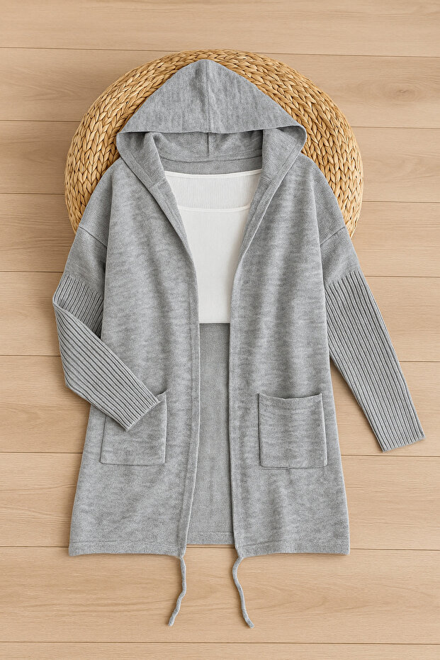 Gray Hooded Batwing Sleeve Oversized Knitwear Cardigan Double Pocket Standard Size (Compatible with Sizes up to 48)