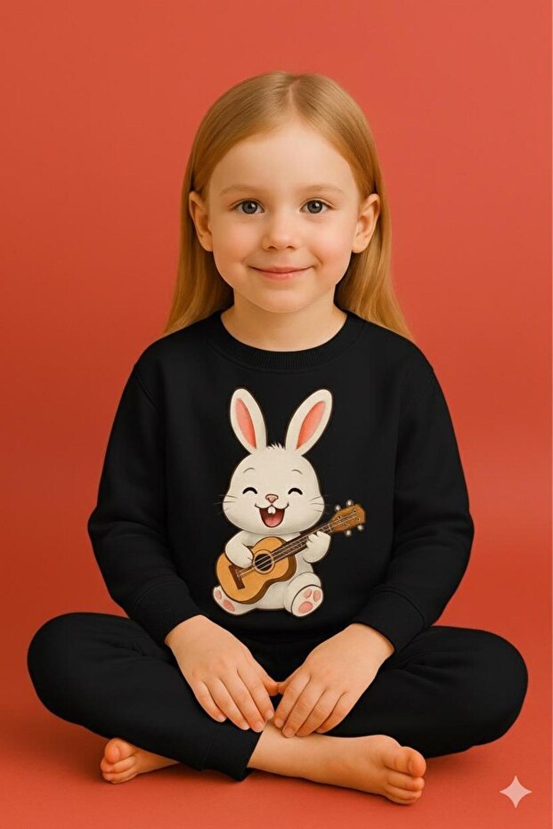 Sweatshirt Tracksuit Set Rabbit Playing Guitar Patterned Ages 3-4-5-6-7-8-9-10-11-12