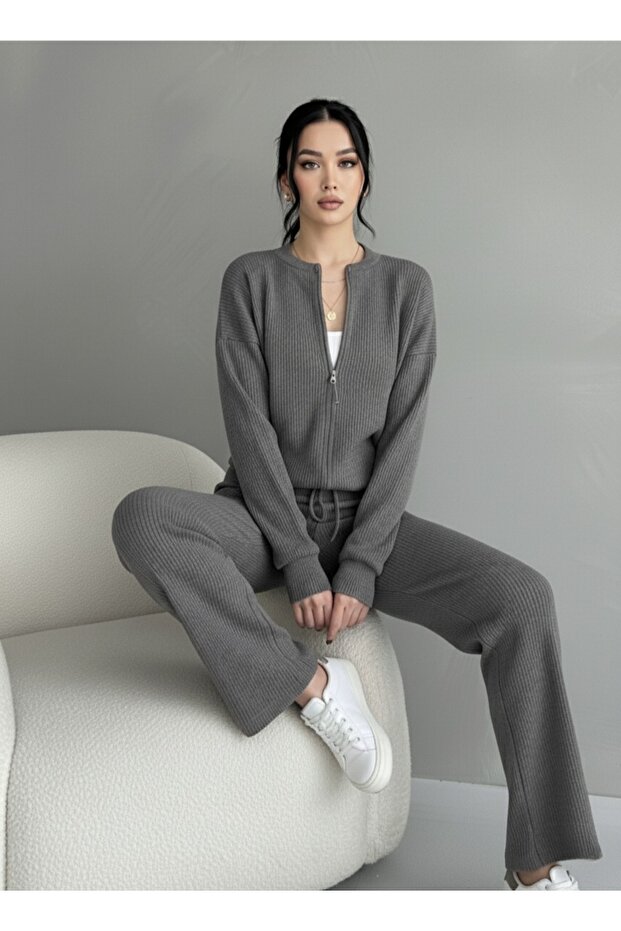 Ribbed Knit Pants Bomber Jacket Women's Top and Bottom Set