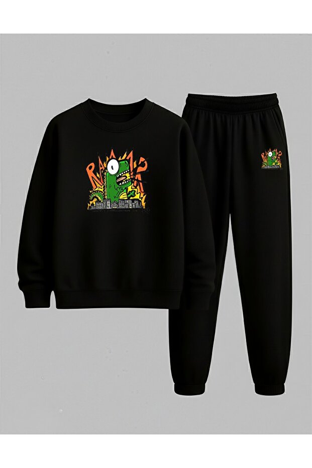 Children's Crew Neck Sweatshirt and Tracksuit Set Raaar Printed 3 Thread Raised