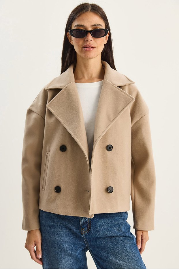 Women's Mink Wide Collar Pocket Detailed Lined Buttoned Short Cashmere Coat 2517 60283788