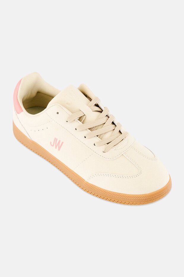 Women Brand Logo Lace Up Casual Shoes, Beige