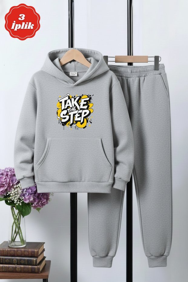 3 İplik Winter Ş Fleece-Lined Take the Step Print Detailed Boys' Tracksuit Set