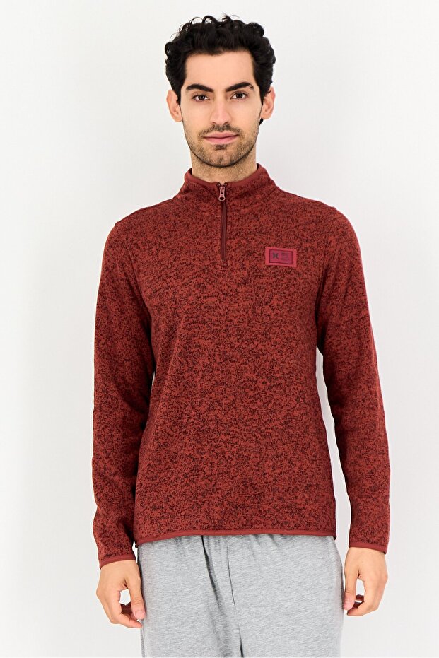 Men Mock Neck Long Sleeve Half Zip Sweater, Brown