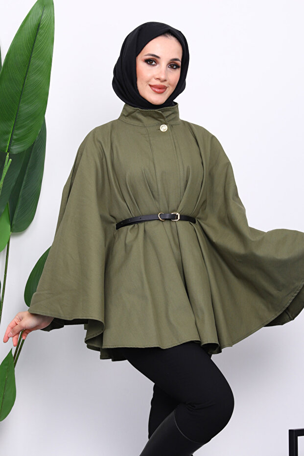 Khaki Belted Gabardine Poncho