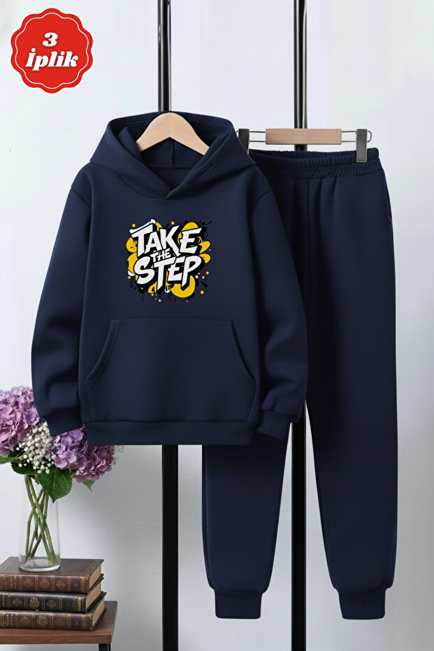 3 İplik Winter Ş Fleece-Lined Take the Step Print Detailed Boys' Tracksuit Set