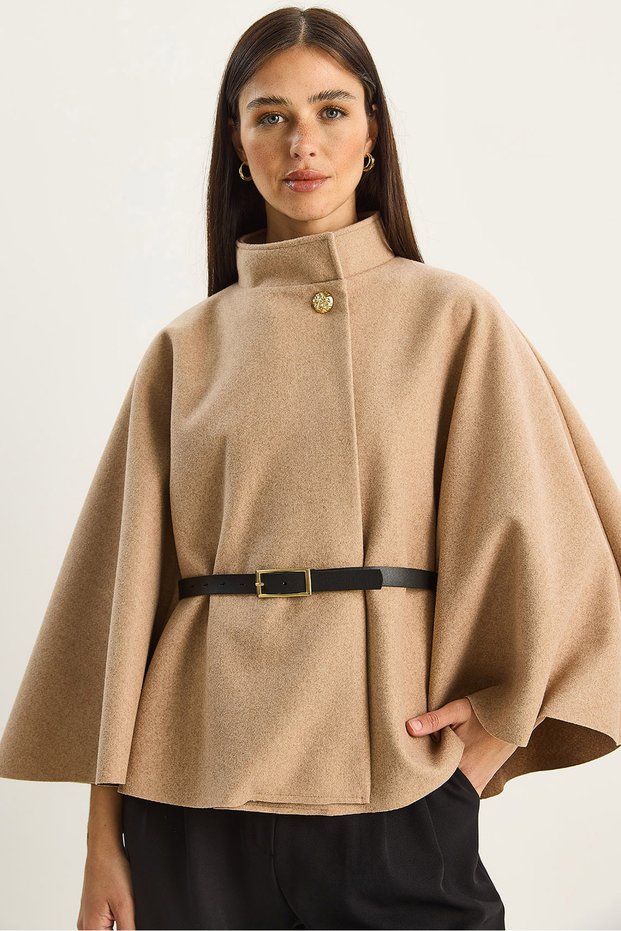 Women's Beige Gold Button Detailed Belted Poncho 2712 60261570