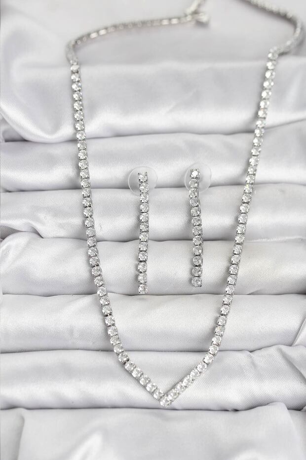 Silver Color Zircon Stone Women's Necklace Earring Set