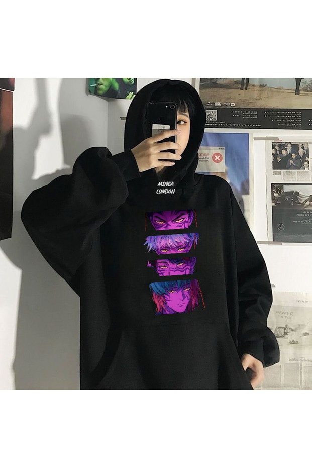 Unisex Demon Hunter Style Colorful Front Print Black Oversized Sweatshirt