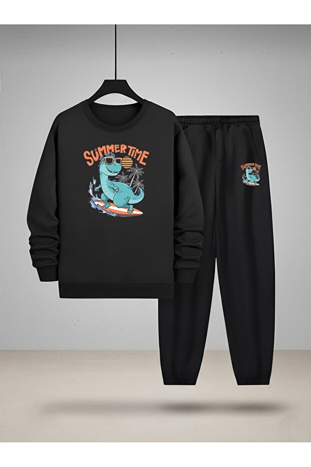 Children's Crew Neck Sweatshirt and Sweatpants Set Summer Ti̇me B Printed 3 Thread Raised Lettering