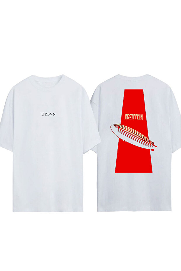 Zeppelin Design Printed White Oversized T-Shirt