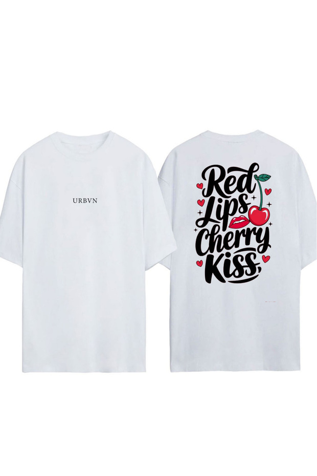 Red Lips Design Printed White Oversized T-Shirt