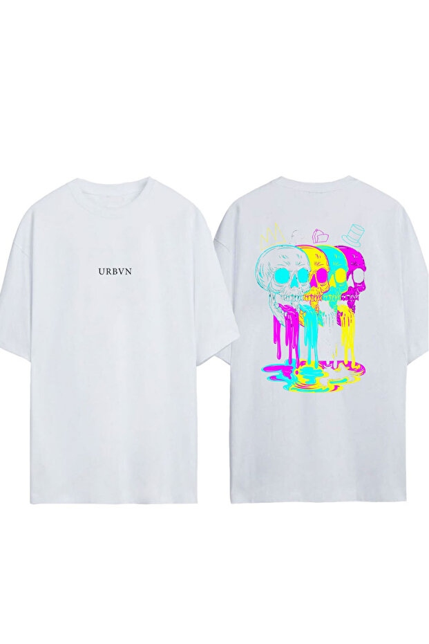 Neon Skulls Design Printed White Oversized T-Shirt