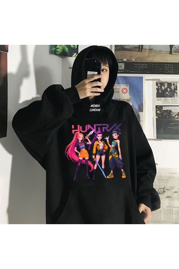 Unisex Huntrx Style Colorful Printed Black Oversized Sweatshirt