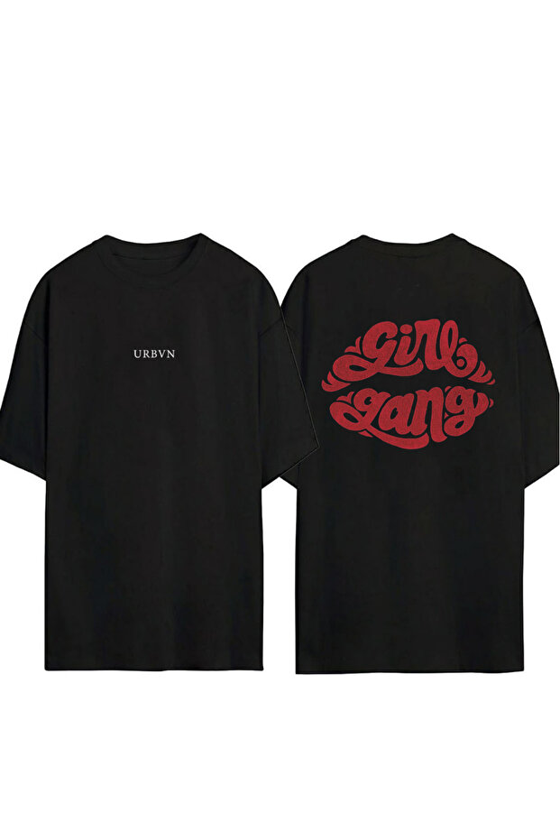 Girl Gang Design Printed Black Oversized t Shirt