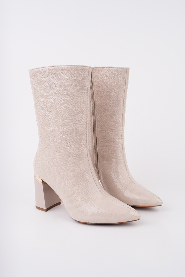 Women's Winter Snake Printed Patent Leather Boots, 8.5 cm Thick Heel, Pointed Toe and Gold Detailed Design