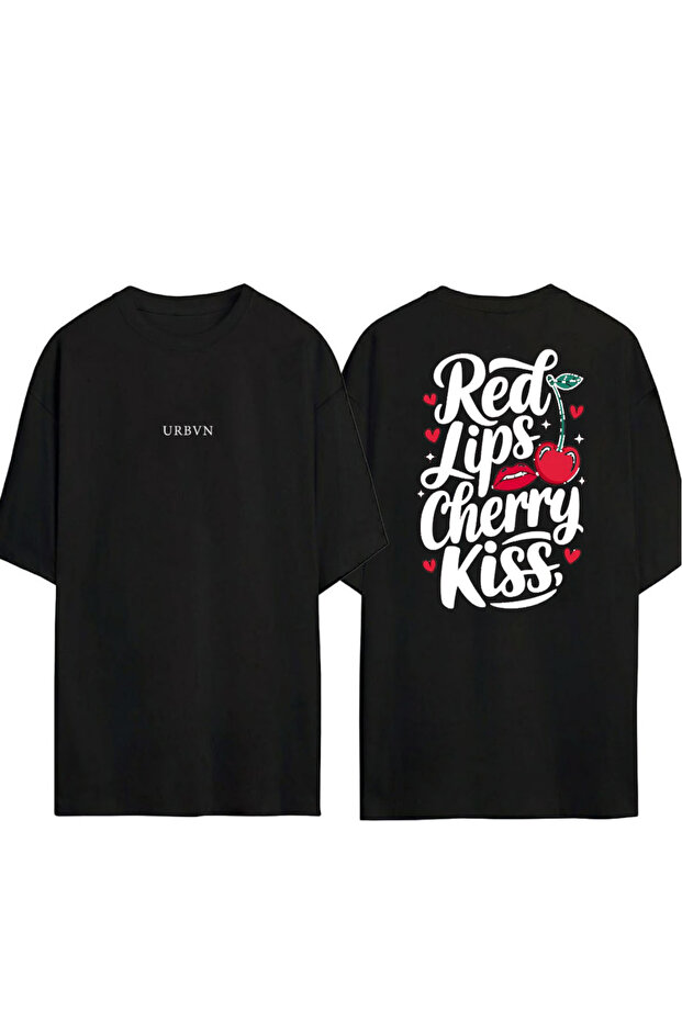 Red Lips Design Printed Black Oversized t Shirt