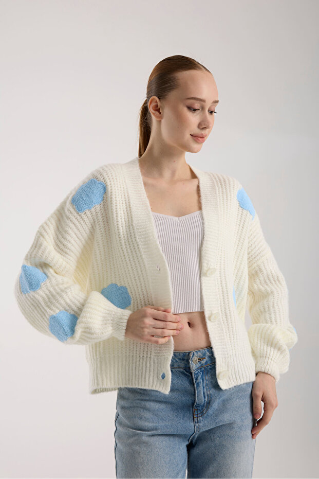 Bulut Desenli Oversize Triko Hırka - 9