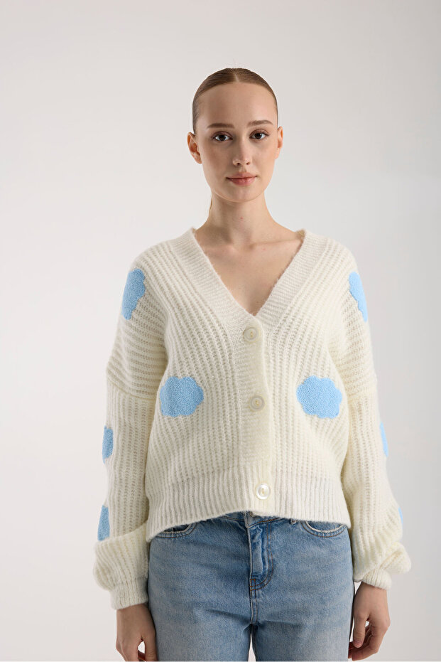 Bulut Desenli Oversize Triko Hırka - 6