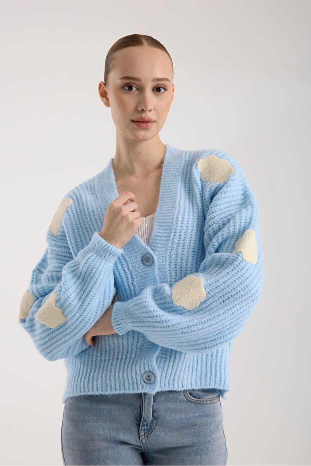 Bulut Desenli Oversize Triko Hırka - 6