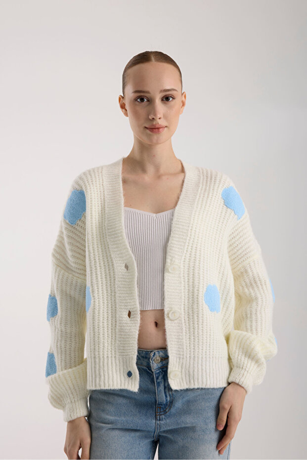 Bulut Desenli Oversize Triko Hırka - 8