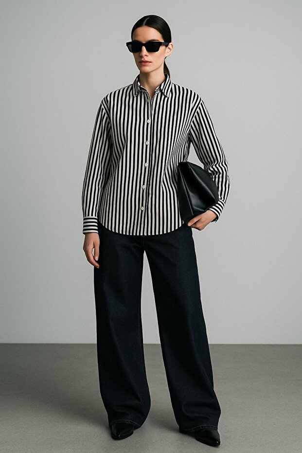 Long Sleeve Striped Button Front Black Shirt - 2