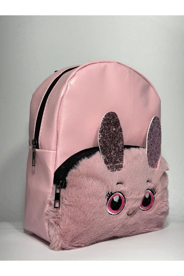 Girl's Plush Embroidered Glitter Mini Backpack with Ear Detail – Leather-Look Bag