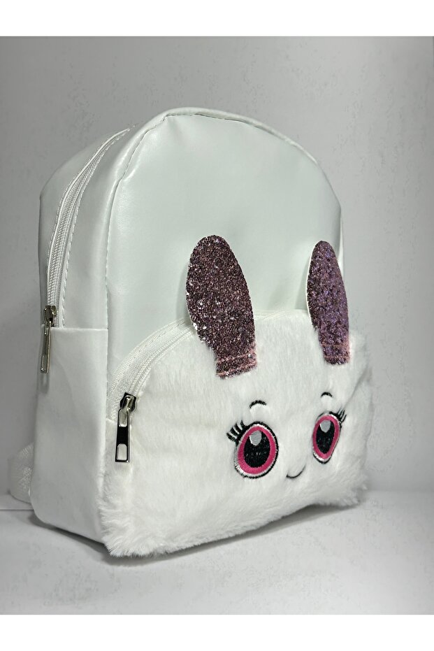 Girl's Plush Embroidered Glitter Mini Backpack with Ear Detail – Leather-Look Bag