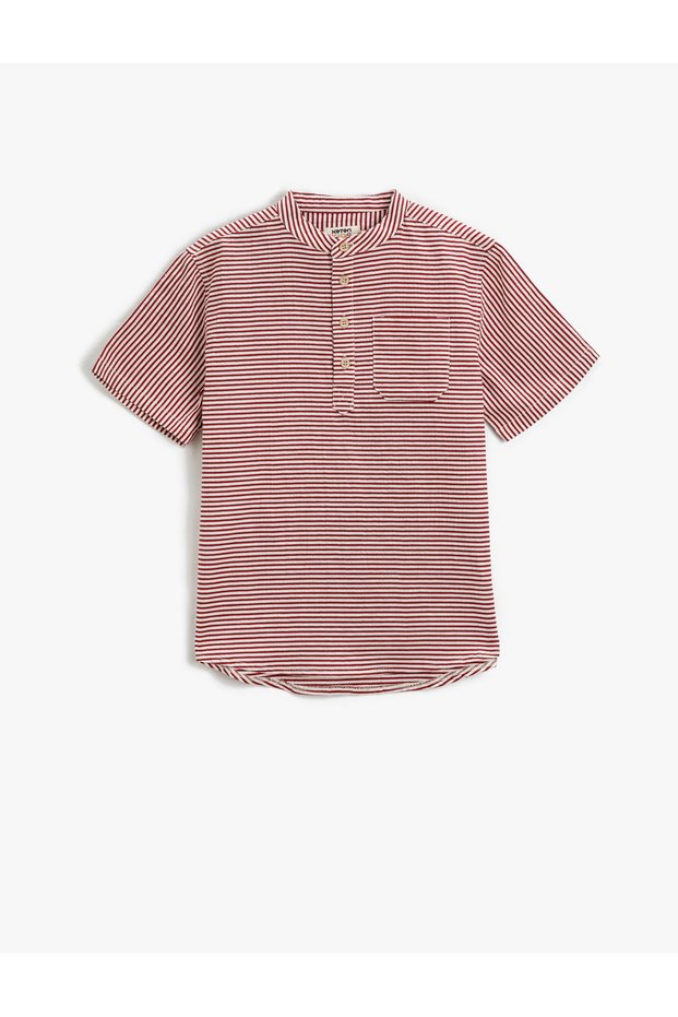 Mandarin Collar T-Shirt Short Sleeve Buttoned Single Pocket Striped Cotton