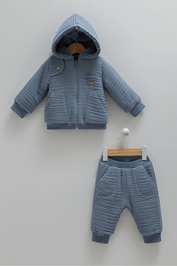 1-3 Months 56-62 cm Winter 2-Piece Baby Boy Children's Set, Outer Muslin, Inner Fleece
